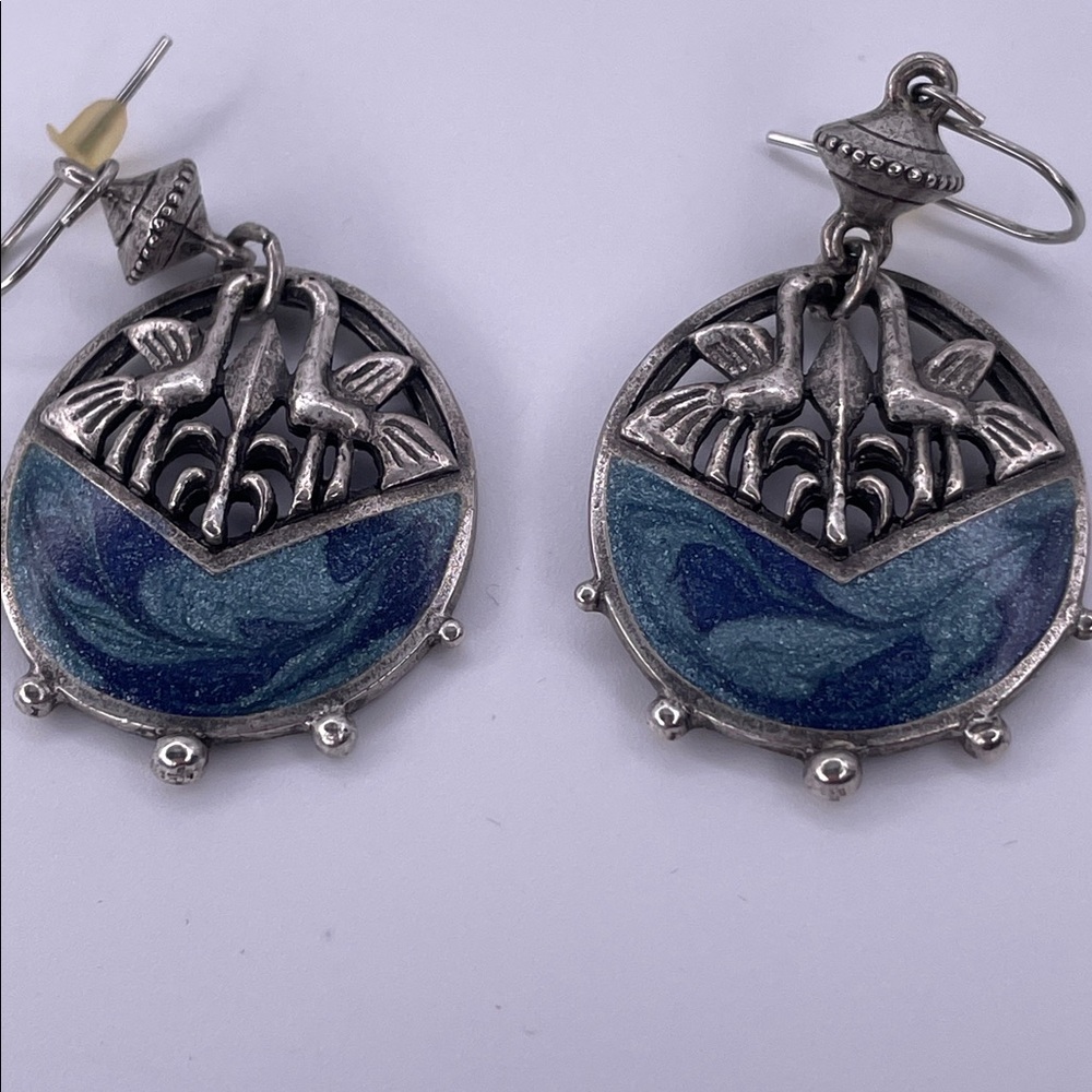 Berébi Blue Enamel Bird Dangle Earrings Silver Tone Art Nouveau Style